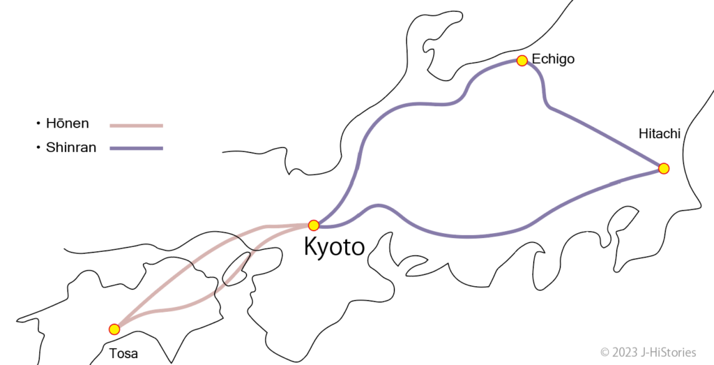 Map about the path taken by Buddhists, Honen and Shinran