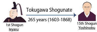 Tokugawa Shogunate for 265 years history from 1st Shogun Ieyasu to the last 15th Shogun Yoshinobu