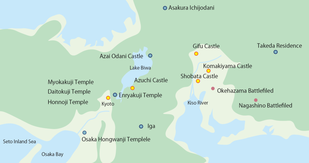 Notable sites where Tokugawa Ieyasu shone A Map associated with samurai, Oda Nobunaga_織田信長の関連地図