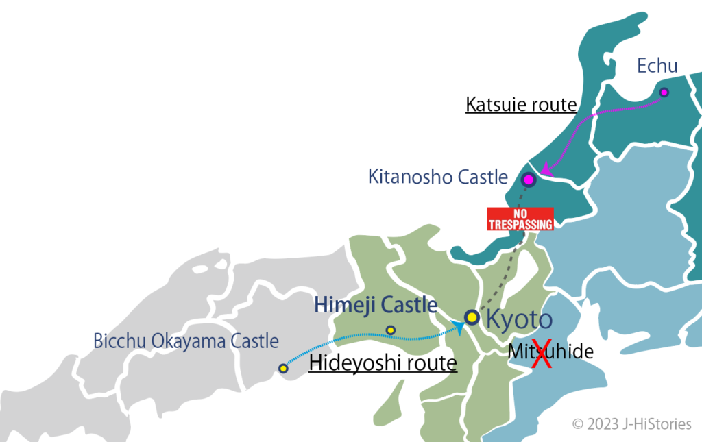 The way map of Toyotomi Hideyoshi and Shibata Katsuie to Kyoto after Honnoji incident （本能寺変直後の秀吉と勝家の京都へのルート）