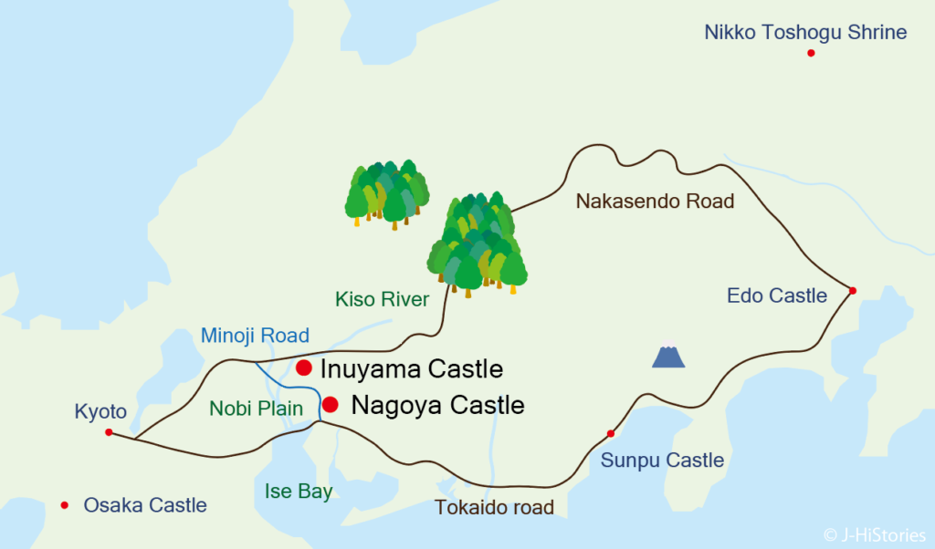 Inuyama & Nagoya Castles, Tokaido, Nakasendo, and Minoji Roads Map (犬山城、名古屋城と東海道、中山道、美濃路の地図)