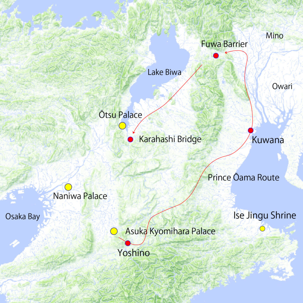 Prince Oama Route at Jinshin War_壬申の乱における大海皇子の行軍ルート