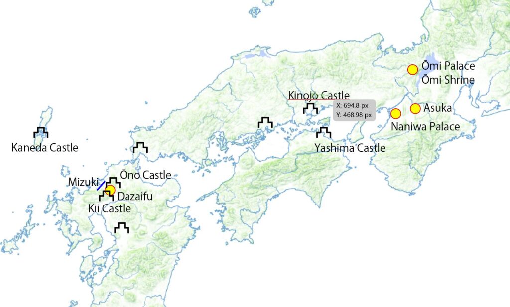 The defensive casltes and mizuki after the battle of Baelgang_白村江の戦いでの大敗後の防衛ライン