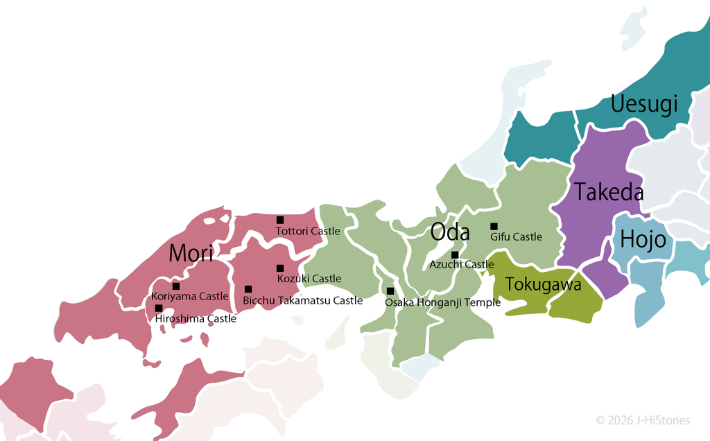 Mori's Territory Map against Oda Nobunaga_織田家臣・秀吉と戦う毛利氏の領国と城の地図
