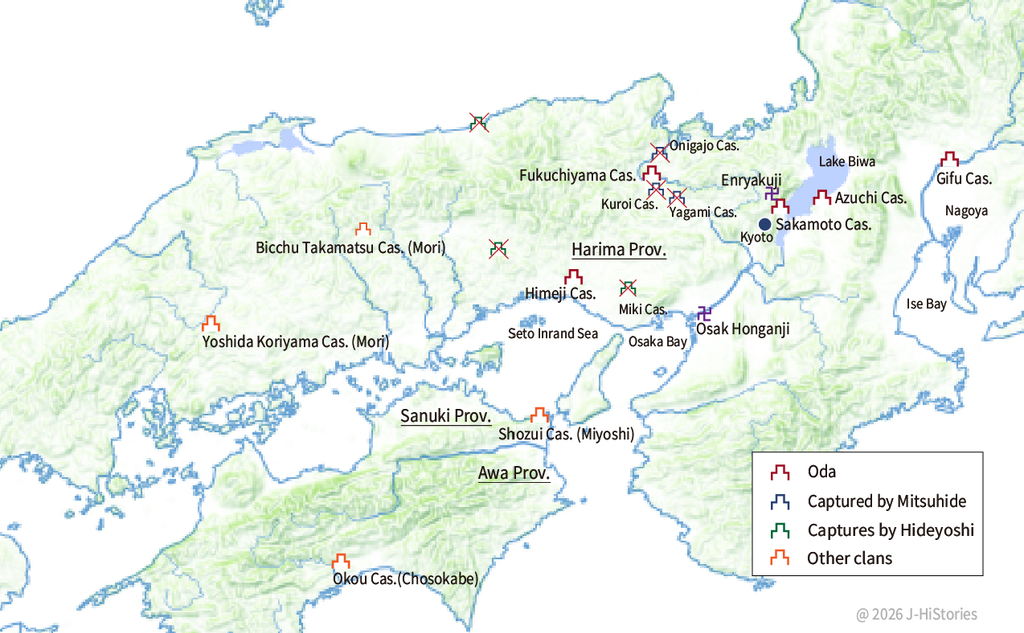 Map of Key Locations in Western Japan Associated with Akechi Mitsuhide 